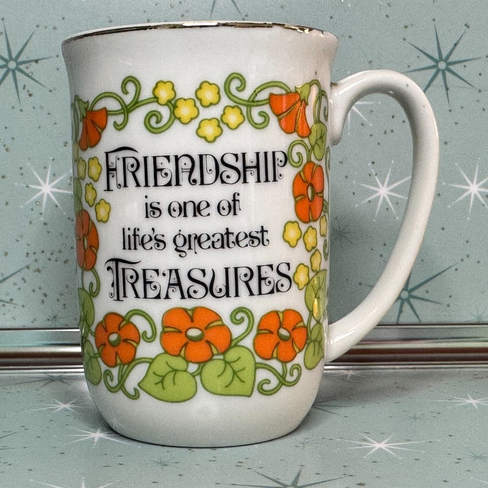 Vintage Friendship Mug Retro Floral Coffee Cup 1960s 1970s Inspirational Boho
